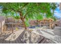 Expansive backyard featuring a wood deck, lounge furniture, outdoor kitchen, pool and waterfall at 204 Appian Way, Henderson, NV 89002