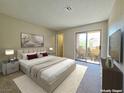 Cozy main bedroom features plush carpet, a large bed, soft lighting, and sliding doors to a balcony at 6853 Tamarus St # 202, Las Vegas, NV 89119