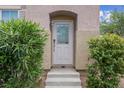 Close up of the front door with decorative glass and concrete steps leading up to it at 6599 Netherseal Ave, Las Vegas, NV 89139