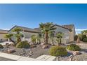Charming single-story home with mature landscaping, desert rock and well maintained bushes and palm trees at 2372 Perrysburg Dr, Henderson, NV 89044