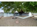 Home featuring a xeriscaped front yard with mature trees and a welcoming walkway to the entrance at 5200 Wheatland Dr, Pahrump, NV 89061