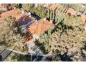 Expansive aerial view of the home with a red tile roof surrounded by trees at 9000 Opus Dr, Las Vegas, NV 89117
