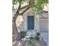 Close-up of a home's front door framed by a mature tree and manicured landscaping at 8824 Charm Canyon Ave, Las Vegas, NV 89178