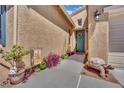 Inviting entrance with desert landscaping, colorful flowers and a turtle statue at 4330 Oasis Hill Ave, North Las Vegas, NV 89085