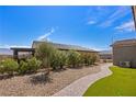 Landscaped backyard with stone pathway and desert plants, offering a serene outdoor space at 1047 Atkins Ln, Mesquite, NV 89027