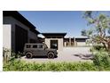 Beautiful modern home with desert landscaping, a paved driveway, and a stylish black SUV parked at 5885 St Ebbes Ct, Las Vegas, NV 89131