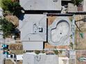 Aerial view of home with a unique kidney shaped skateboard pool in the backyard at 121 N 20Th St, Las Vegas, NV 89101