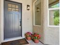 Inviting front door with decorative window, enhanced by potted flowers and a stylish outdoor light fixture at 2579 Ivoryhill St, Las Vegas, NV 89135