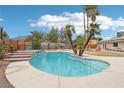 Inviting backyard pool with spa, palm trees, and a blue sky creating an ideal oasis for relaxation and entertainment at 3155 Duneville St, Las Vegas, NV 89146