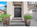 Stunning front entrance featuring double doors, stone steps, and decorative planters adding curb appeal to this beautiful home at 9705 Cameo Rose Ln, Las Vegas, NV 89134