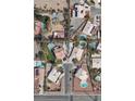Overhead view of a neighborhood, highlighting the houses and pools, ideal for those seeking a community vibe at 10290 Marion Morrison Ct, Las Vegas, NV 89183