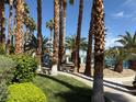 Lush greenery and palm trees surround a community pool area with benches and a walking path at 5024 Starfinder Ave, Las Vegas, NV 89108