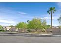 Street view of a desert home featuring mature trees, palm trees, and a brick wall at 2309 Tedesca Dr, Henderson, NV 89052