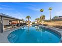 Backyard oasis featuring a sparkling pool, covered patio, and towering palm trees at 2885 Horseshoe Dr, Las Vegas, NV 89120