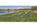 Scenic community pond featuring a pathway, lush green grass, and a mountain view at 707 Cottonwood Hill Pl, Henderson, NV 89011
