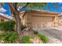 Front exterior view of home featuring desert landscaping, mature shade tree and two car garage at 6737 Divers Loons St, North Las Vegas, NV 89084