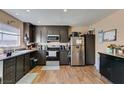 Kitchen featuring stainless steel appliances and dark cabinets with wood-look floors at 2454 Paradise Village Way, Las Vegas, NV 89120