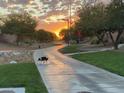Scenic community pathway with a walking path, landscaping, and a beautiful sunrise at 9893 Santa Ponsa Ct, Las Vegas, NV 89178