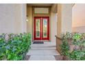 Elegant double front door with glass inserts, complemented by mature landscaping and stucco exterior at 249 Gentle Springs Dr, Henderson, NV 89012