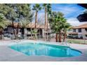 Community pool area surrounded by palm trees, greenery, and lounge chairs at 2606 S Durango Dr # 122, Las Vegas, NV 89117