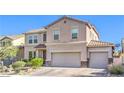 Charming two-story home boasts a tile roof, three-car garage, and manicured landscaping, creating inviting curb appeal at 1213 High Altitude Ave, North Las Vegas, NV 89032
