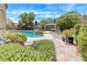 Beautiful backyard oasis featuring a sparkling pool, spa, covered gazebo, and lush landscaping at 364 Clark Dr, Henderson, NV 89074