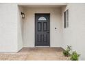 Close-up of the elegant black front door with decorative window and modern light fixture at 427 Wright Way, Henderson, NV 89015