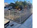 Well landscaped front yard featuring a decorative wrought iron fence and two palm trees at 3443 Citruscedar Way, North Las Vegas, NV 89032