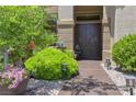 Close-up of ornate double front doors surrounded by lush landscaping and decorative lighting at 10632 Clarion Ln, Las Vegas, NV 89134