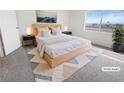 Staged main bedroom with a modern bed, side tables, lamps, neutral colors, and a large sunny window at 5415 W Harmon Ave # 2048, Las Vegas, NV 89103