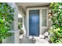 Inviting home entrance featuring a stylish blue front door and well-maintained landscaping at 6313 Giant Oak St, North Las Vegas, NV 89084