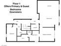 Layout of the first floor, featuring primary and guest bedrooms, kitchen, living room, and laundry area at 153 Via Di Mello, Henderson, NV 89011