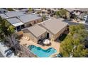 Aerial view of backyard featuring a private pool, patio area, and well-maintained desert landscaping at 8266 Lincoln Valley St, Las Vegas, NV 89123