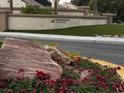 Welcoming community entrance sign with colorful flowers and lush landscaping at 3005 Treasure Island Rd, Las Vegas, NV 89128