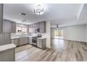 Open-concept kitchen with gray cabinets, stainless steel appliances, and an adjoining living area with wood flooring at 516 Donner St, Las Vegas, NV 89107