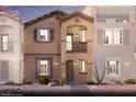 Spanish Colonial-style home boasts a private balcony, desert landscaping, and a covered front entry at 627 Bellus Pl # Lot 156, Henderson, NV 89015
