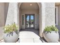 Covered entryway featuring double glass doors and decorative planters at 4227 Pacifico Ln, Las Vegas, NV 89135