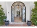 Elegant home entrance with ornate iron doors, decorative chandelier, and views into the living room at 8130 Cassian Ct, Las Vegas, NV 89129
