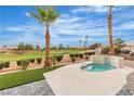 The backyard area features a hot tub with palm trees and manicured landscaping at 9513 Villa Ridge Dr, Las Vegas, NV 89134