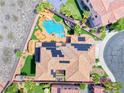 Aerial view of the property showing the pool, spa, solar panels, and manicured backyard at 2820 Sisteron Ct, Henderson, NV 89044