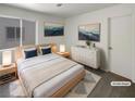 Staged bedroom featuring neutral walls, streamlined decor, and a queen-sized bed with side tables at 7900 Wood Shadow Ct, Las Vegas, NV 89131