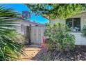 A view of the side yard with a decorative gate with mature vegetation and palm trees at 4445 Peterson Dr, Las Vegas, NV 89103