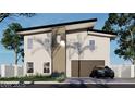 Modern two-story home featuring a black accent pillar, modern landscaping, and two-car garage at 6503 Adrian Ridge Ct, Las Vegas, NV 89149