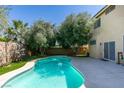 Sparkling in-ground pool surrounded by a concrete patio, lush trees, and a privacy fence at 10908 Royal Highlands St, Las Vegas, NV 89141