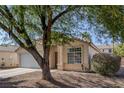 Quaint single-story home with desert landscaping, mature tree, and two car garage at 2410 Morocco Ave, North Las Vegas, NV 89031