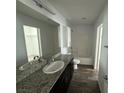 Granite counters and wood look floors add a touch of elegance to the updated bathroom at 12112 Polar White Ct # 3, Las Vegas, NV 89183