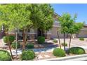 Landscaped front yard with desert plants and modern exterior features at 379 Mano Destra Ln, Henderson, NV 89011