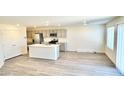 Open-concept kitchen featuring stainless steel appliances, gray cabinets, an island, and wood grain flooring at 10388 Luna Mezza Ave # Lot 195, Las Vegas, NV 89141