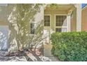 Close-up of the front entrance with large windows, a white door, and green bushes for privacy at 1116 Avellino Ln, Las Vegas, NV 89144