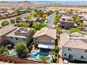 An aerial view shows lush landscaping, a refreshing pool, and a covered patio at 10474 Palmadora St, Las Vegas, NV 89178